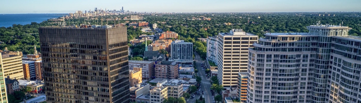 Downtown Evanston from above, with Lake Michigan beyond